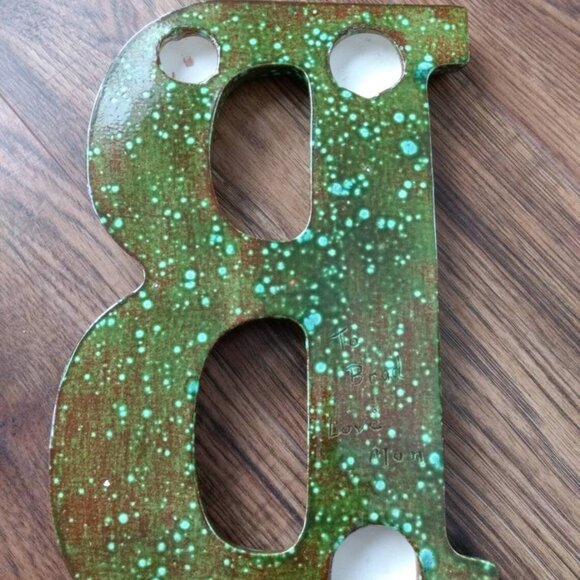 Vintage Ceramic Initial B Retro 70s Pottery Wall Decor Green Mottled Glaze - Picture 7 of 10